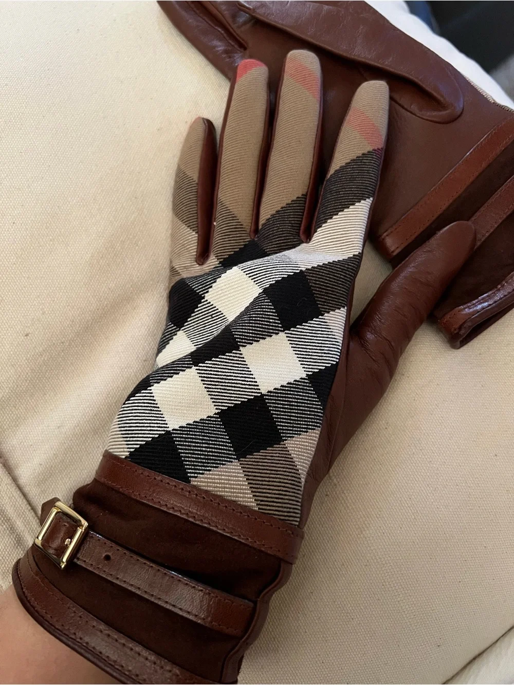 Burberry Leather-Trim Gloves in Brown, Black, Cream